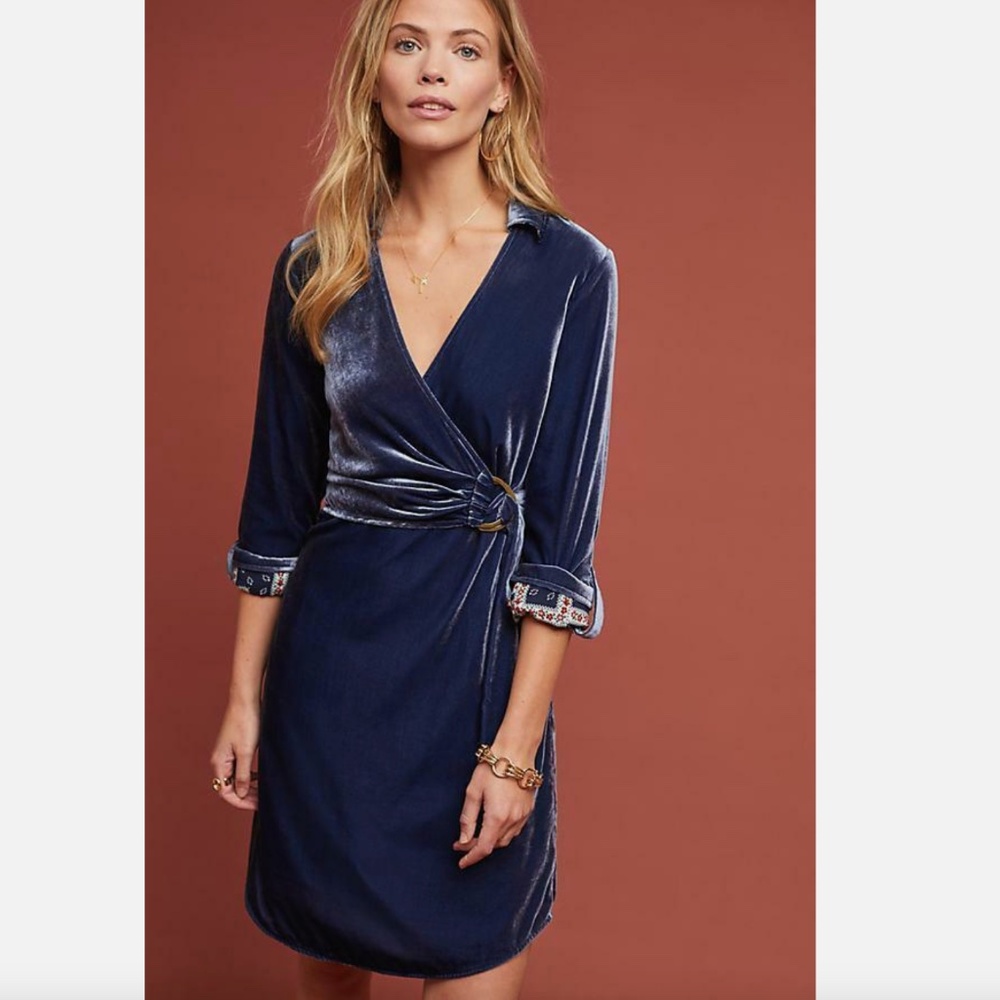MAEVE BY ANTHROPOLOGIE BLUE VELVET SHIRTDRESS